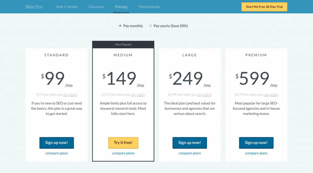Moz pricing page